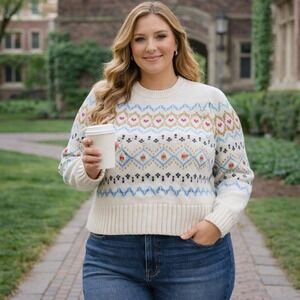 LOFT Fair Isle Sweater Cream Blue Nordic Cropped Cozy Knit Pullover Women's XL